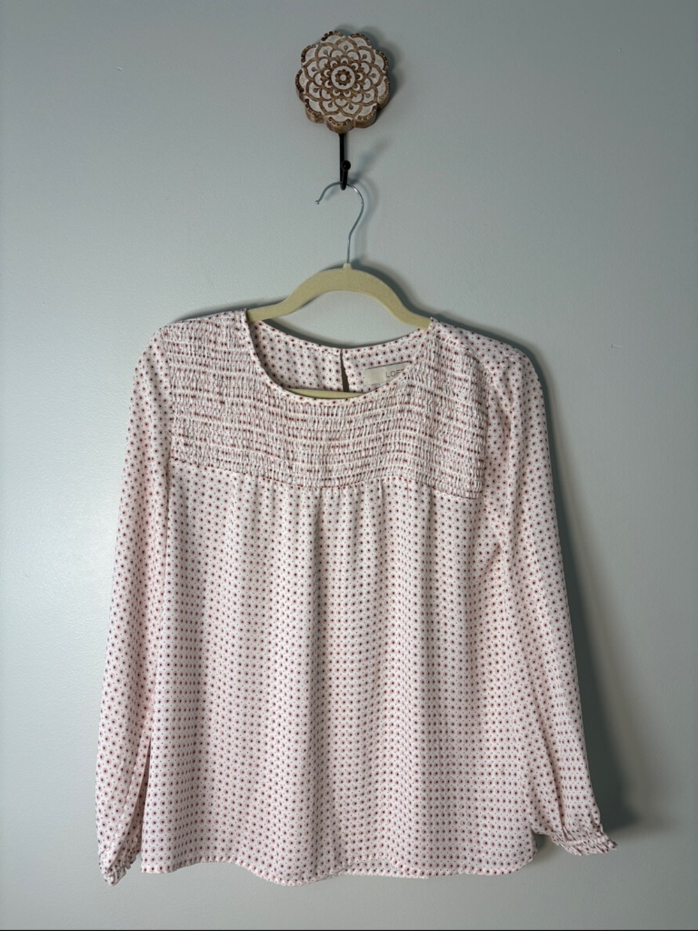 LOFT Light Pink Geo Smocked Yoke Long-Sleeve Blouse